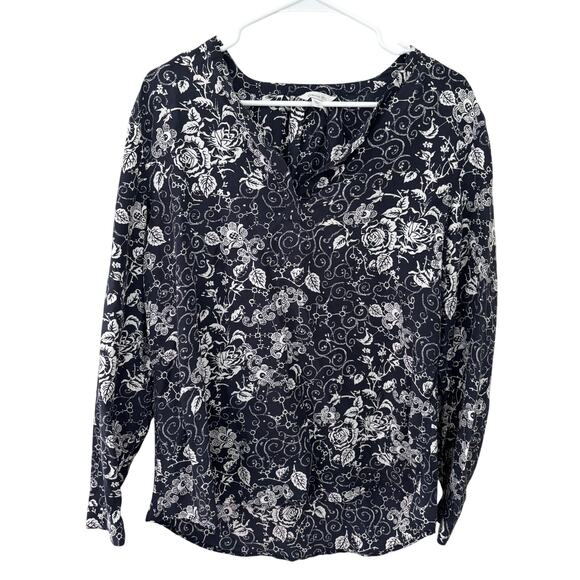 Garnet Hill Silk Navy White Floral V-Neck Blouse Size 14 - Picture 1 of 6